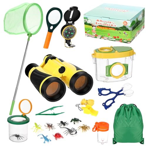 Quuylin Forscherset für Kinder,Fernglas für Kinder,Draussen Forscherset mit Insektenfänger,Kompass,Becherlupe,Camping Kinder Outdoor Spielzeug Geschenk für Junge und Mädchen ab 3 Jahre