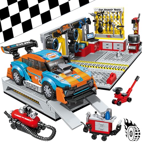 City Auto Garage Bausteine, Technik Autowerkstatt Bausets, Werkstatt mit 1 Autos Bausatz Mechanic Reparatur Baustelle Spielzeug Geschenk Austauschbare Reifen für Erwachsene 6+ Jungen Mädchen Kinder