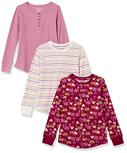 Amazon Essentials Mädchen Langärmeliges, gestricktes Thermo-T-Shirt, 3er-Pack, Burgunderrot Pilz/Rosa/Weiß Streifen, 5 Jahre
