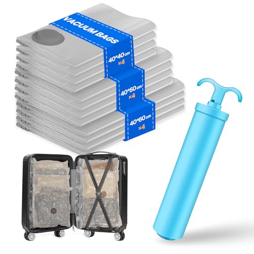 Vacbird Vakuumbeutel für Kleidung Reise, 12 Stück Vakuumbeutel mit Pumpe (4x 40x40cm, 4x 40x50cm, 4x 40x60cm), Wiederverwendbar, Geeignet zum Bewegen, Reisen und Aufbewahren von Saisonaler Kleidung