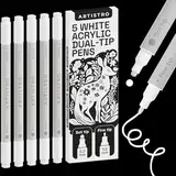 ARTISTRO 5 weiße Acrylstifte, Kunstset, Acrylfarbenmarker mit Doppelspitze (fein 1 mm + Punkt 5 mm), Zeichenset, Marker für Textilien, Leinwand, Stein, Glas, Holz, Papier, Heimwerkerbedarf, Farbmarker