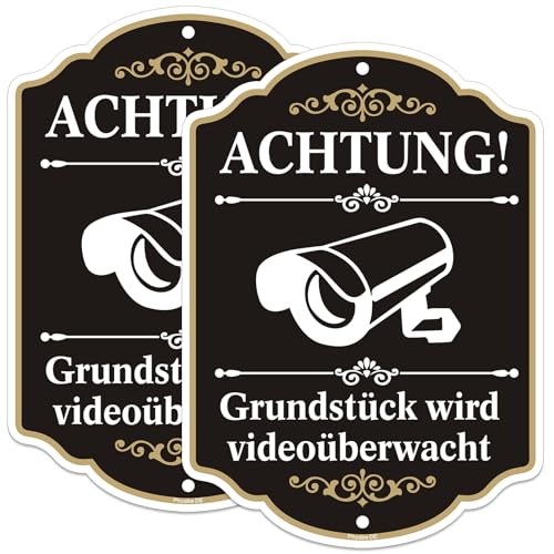 Schild Achtung Grundstück wird videoüberwacht 2 Stück,25cm x 18cm Aluminiumschild mit Videoüberwachung. für Hof, Carport und Wohnanlage, sowohl im Außen - als auch Innenbereich