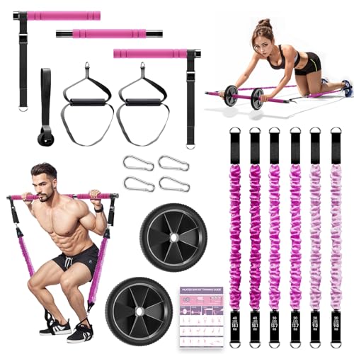 COSDIG Pilates Bar Set mit 6 Widerstandsbänder, Fitnessbänder Pilates Stangen Set mit AB Rolle, 20/30/40lbs Resistance Bands, Griffe, Türanker für Krafttraining und Körperstraffung (Rosa)