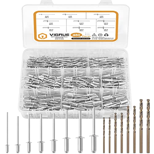 VIGRUE 480tlg Blindnieten Set und 8 HSS Bohrern, Alu/Stahl Nieten Popnieten Sortiment 2,4mm, 3,2mm, 4,0mm und 4,8mm popnieten zum Verbinden aller Arten von Dünnen Werkstoffen für Nieten Maschinen