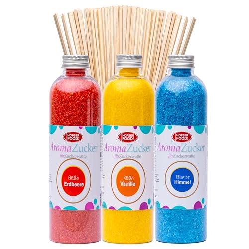Hopser Food Fun Zucker für Zuckerwatte (Set 1 Erdbeer, Vanille, Kaugummi + 50 Stäbe, 3x230 Gramm / 50 Stäbe)