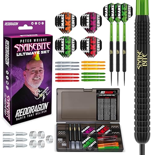 RED DRAGON Peter Wright Snakebite Ultimate 50 Piece Darts and Accessory Set - 22 Gramm Steeltip Dartpfeile