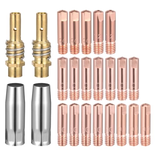 24 Stück Verschleißteile Set, Schweiß Zubehör Set mit 20 Stromdüse M6 0,6mm 0,8mm 0,9mm 1,0mm 1,2mm 2 x Gasdüse 2 x Düsenstock Schweißbrenner Verschleißteile Set passend 15AK MB15