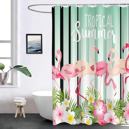 SHROUDEX Flamingo Duschvorhang Tropisch Palme Grüne Blätter Duschvorhänge 180x180 Flamingos Shower Curtains Wasserdicht Flamingo Duschvorhänge Pink 180x200 Textil (5,180 x 200 cm)