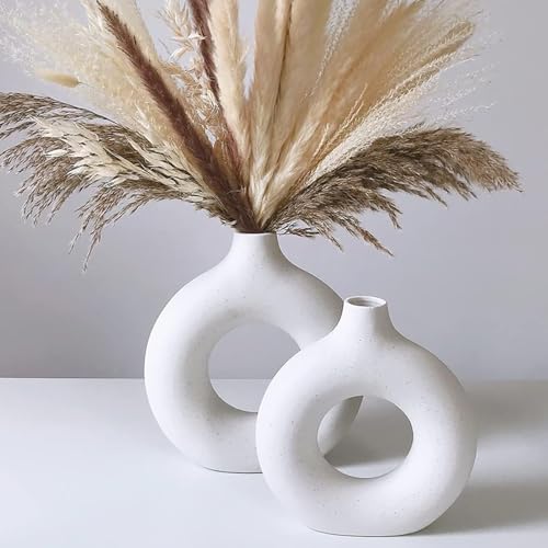 Keramik Vase für Pampasgras 2PCS Weiß Groß+Mittel,Modern Zimmer Deko Donut Vasen Matt,für Blumen Pampasgras Tabelle Bücherregal Kaminsims Wohnzimmer Schlafzimmer Büro Hochzeit Party Geschenk