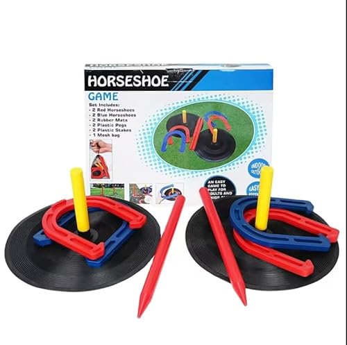 Hufeisen Wurfspiel - Indoor und Outdoor, 2 Pfosten mit Gummiteller, 2 Gartenpflöcke, 4 Gummihufeisen, mit Netztasche