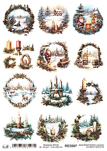 Josys Bastelmärchen Reispapier A4 Strohseide Decoupage Weihnachten Kranz Winterlandschaft RE3597