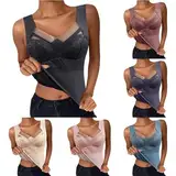 Generisch Unterhemd mit BH Damen Winter BH Hemd Ohne Bügel mit Cups V-Ausschnitt Thermo Fleece Unterhemden Ärmellos Gefütterte Tank Top Eingebauter BH Wärme und Warme Weste Halten