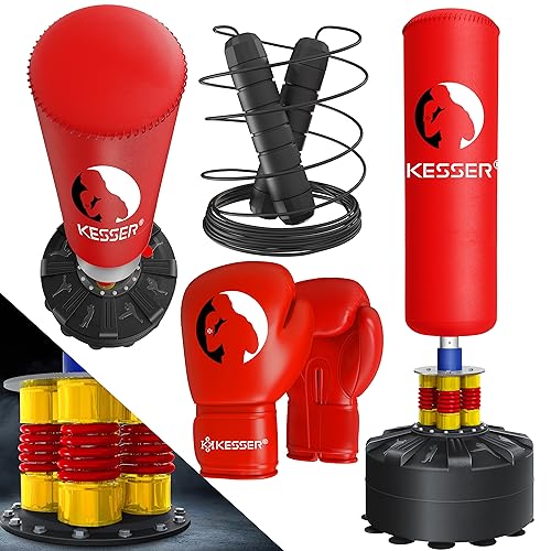 KESSER® Boxsack Set stehend Erwachsene mit Boxhandschuhe + Springseil, Kickboxsack, Freistehender Standboxsack MMA Boxpartner Boxing Trainer Fitness Boxsack mit Saugfuß Rot