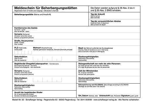 Meldeschein für Beherbergungsstätten DIN A5 alle Bundesländer - Hinweis auf EU-DSGVO - neu nach Bundesmeldegesetz - dreisprachig - Block a 100 Blatt