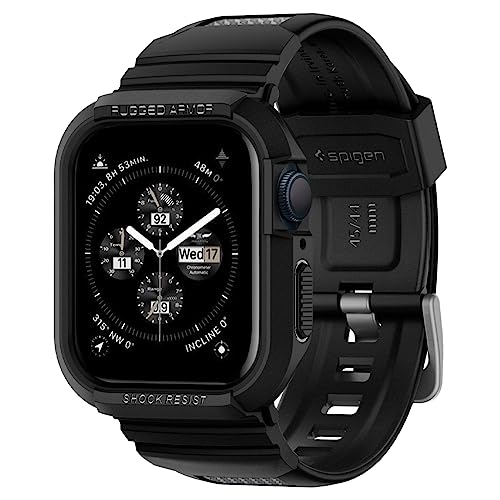 Spigen Rugged Armor Pro Hülle mit Armband Kompatibel mit Apple Watch Serie 9/8/7(45mm) 6/5/SE(44mm) - Schwarz