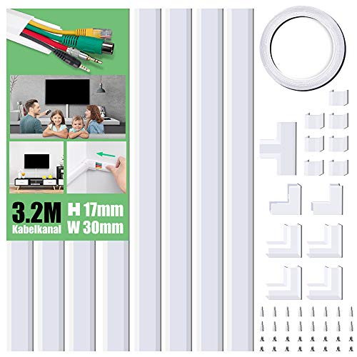 MUDEELA Kabelkanal Selbstklebend Weiß, 320cm PVC Kabelabdeckung, Kabelschacht zum Verstecken von Kabel, TV Kabelkanal für alle Netzkabel in Haushalt/Büro, 8 Stück x L40cm*W3cm*H1,7cm,