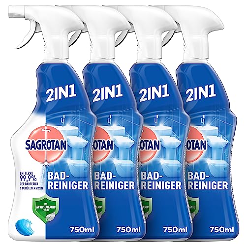 Sagrotan Bad-Reiniger Ozeanfrische – 2in1 Desinfektionsreiniger mit Antischmutzfilm für zuverlässige Hygiene im Badezimmer – 4 x 750 ml Sprühflasche