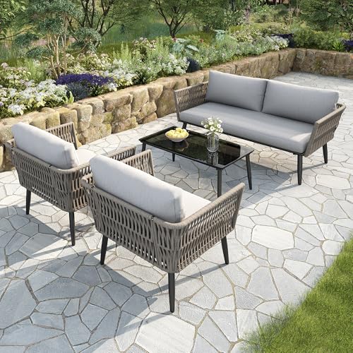 Jtyca Gartenmöbel Set, Lounge Möbel Outdoor, Balkonmöbel Set mit 2-Sitzer-Sofa, 2 Sessel und Couchtisch, Geflochtenes PE-Seil aus Wassergrasimitat, Schwarze Glastischplatte, Verzinkter Stahl, Grau