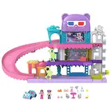 Polly Pocket Pollyville Drive-In-Kino - 2 Puppen, 1 Spielzeugauto, 11 Zubehörteile, 3 Stockwerke, Aufzug, Leinwand, Bodenwelle, Toiletten, Snack-Stand, für Kinder ab 4 Jahren, HPV39