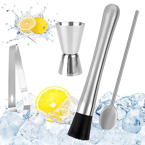 RUCUDIM Cocktailstößel aus Edelstahl mit Cocktaillöffel, Barkeeper Set, Mojito Stampfer, Eiscrusher, Stampfer, Cocktail Stößel, Shaker mit Messbecher, Barzubehör für Küche, Bar, Restaurant