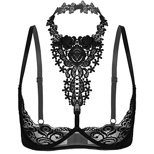 iEFiEL Damen Neckholder Hebe BH Reizwäsche Spitze Bra Mit Bügel Unterbrust Träger Unterhemd Transparent Bralette Schwarz Harness BH XL