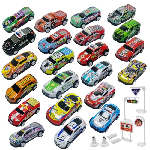 TOYABI Auto Spielzeug Set, Spielzeugautos Metall, 22 Stück Kleine Spielzeugauto mit 8 Straßensperre, Autos Zurückziehen Fahrzeuge, Weihnachten Geburtstag Geschenk für Kinder ab 3 4 5 6 7 8 Jahre