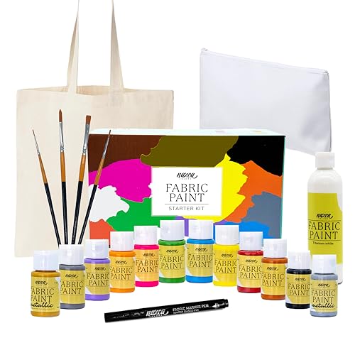 Nazca Colors Textilmalerei Starterset - Textilfarben Set fur Stoffe und Schuhe 10 Farben + Gold und Silber (30ml), 100ml Weißer Kanister, Schwarzer Textilmarker, 4 Pinsel, Tote Bag und Kosmetiktasche