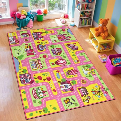 Capslpad Kinder Teppiche,Rosa Spielteppich für Kinder Stadtstadt Straße 160x100cm Kinderteppich Spielmatte Lernbereich Teppich Pädagogischer Spielteppich für Mädchen Kinderzimmer Spielzimmer