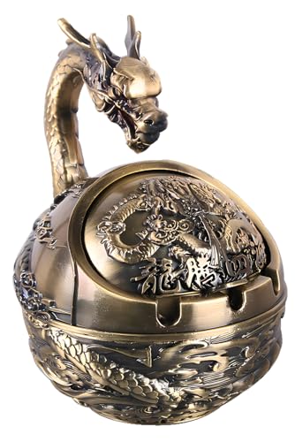 Stylitzy Dekorativer winddichter Vintage-Aschenbecher mit Deckel für Zigaretten, Metall, tragbar, für drinnen und draußen, handgeschnitzt, ausgefallenes Geschenk, Ornament für Männer (Bronze-Drache