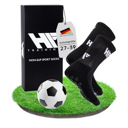 HF Training - 1 Paar Rutschfeste Kindersocken Fußball Socken (Gr. 31-34) Schwarz für Kinder, Jungen & Mädchen - Grip Fussball-Socken für Jugend mit Noppen - Anti-Rutsch Fußballsocken & Sportsocken