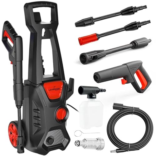 LEHMANN Jukon Hochdruckreiniger, 1600 W, max. 200 bar Druck, 480 l/h Fördermenge, Mit 5 m Hochdruckschlauch, Pistole, Lanzen und eine Schaumlanze, Flächenreiniger für Haus, Garten und Auto