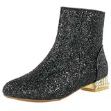 FIFSY Damen-Stiefeletten mit Pailletten, niedriger Absatz, glitzernd, wählen Sie eine halbe Größe größer, Schwarz, 43 EU