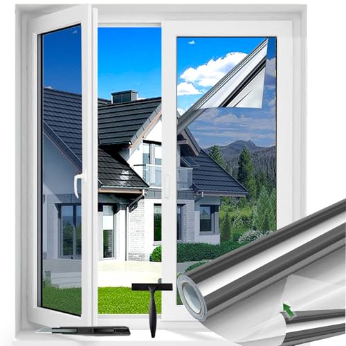 Evofensteere UV Folie Fenster Hitzeschutz Selbsthaftend Spiegelfolie Fenster Sichtschutz Rückstandslose Sonnenschutzfolie Fenster innen oder außen Thermofolie Fenster Gegen Hitze Silber 44.5x200cm