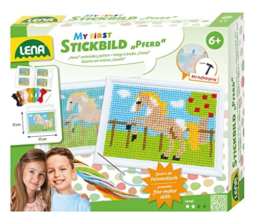 Lena 42625 - Bastelset Stickbild Pferd, Komplettset mit Stickrahmen, stumpfer Nadel aus Metall, Wollgarn, Stickgitter mit Vordruck und Anleitung, Stickset für Kinder ab 6 Jahre, Set zum Sticken lernen