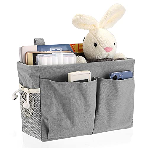 IGNPION Canvas Bedside Hanging Storage Bed Pockets Baskets-Adjustable Hanging Tape Dormitory Bed Organizer Caddy Multi-purpose Hanging Storage Bag for Home Office School Dorm Hospital, Grey