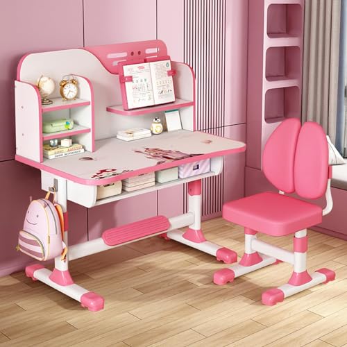 Bigougem Kinder Tisch Stuhl Set, kinderschreibtisch höhenverstellbar, Kinder Schreibtisch für Jungs & Mädchen, Schreibtisch Set für Kinder mit Stuhl und Schublade (Rosa A)