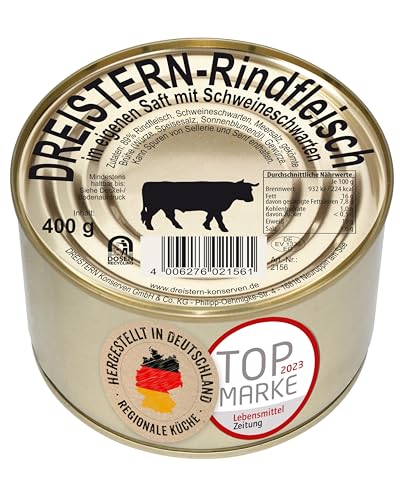DREISTERN Rindfleisch im eigenen Saft 400g I Mit Schweineschwarte I Proteinreiche Spezialität in recyclebarer Goldlackdose I Lange Haltbarkeit dank natürlicher Konservierung I Hausmacher Qualität