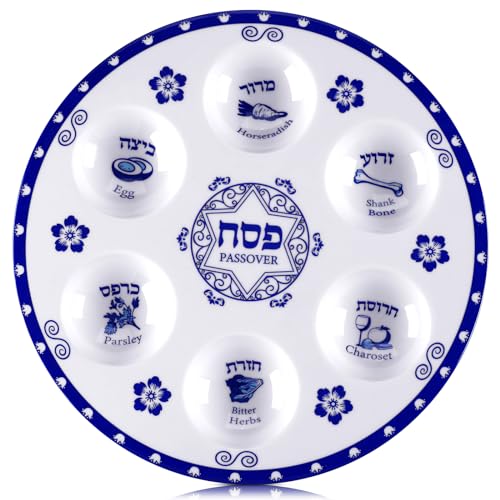 Foilswirl Pesach-Teller, 30,5 cm, elegantes blaues Renaissance-Design, rundes Seder-Tablett, gekennzeichnet mit traditionellem Essen, für Passah-Geschenke, Erwachsene und Kinder, 6 Stück