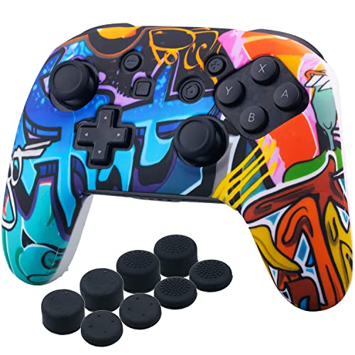 YoRHa Studded Transferdruck Silikon Hülle Abdeckungs Haut Kasten Nur für Offiziell Switch Pro Controller x 1 (Komische Graffiti) Mit Pro aufsätze Thumb Grips x 8