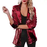 Beokeuioe Open Front Glitzer Jacke Damen Pailletten Blazer Langarm Sparkle Anzugjacke Schalkragen Cardigan Pailletten-Jacke 90s Disco Jacket Streetwear Party Clubwear Sakko Jacke