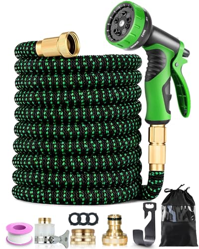 Flexibler Gartenschlauch 15m/50FT, Flexibler Gartenschlauch Dehnbarer mit 10-Funktionsdüse Brause, 3/4" und 1/2" Zoll Messinganschlüssen, Garden Hose für Gartenarbeit, Waschen und Gießen