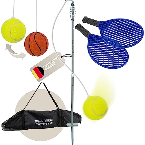 PHIBER-SPORTS Twistball Set [2025 Verbessertes Modell] - Langlebig Dank verbesserter Teile - Swingball für Kinder & Erwachsene - Tennisball an Schnur, Tennis Trainer Spiel Garten & Outdoor