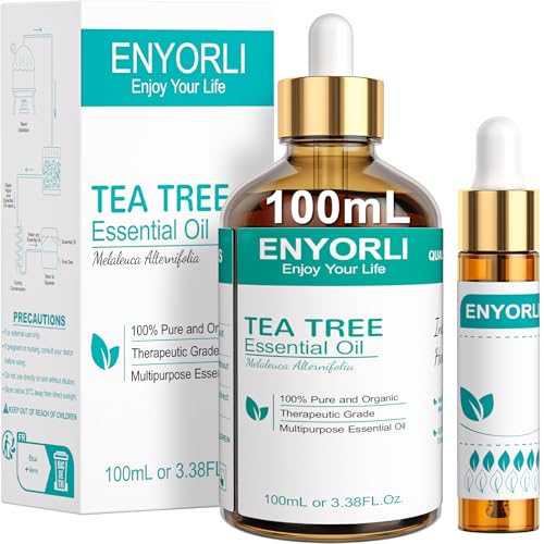 ENYORLI Teebaumöl 100ml Naturrein Tea Tree Oil 100% Reines und Ätherisches Aromatherapieöl Vegan Teebaum Ätherisches Öl für Diffuser,Shampoo, Gesicht,Haut, und Anti Picke, Nagel