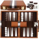 Backgammon, Backgammon Koffer, Backgammon Holz,mit Hochwertiger Ledertasche Tragbares und Reise-Backgammon-Set (Braun)