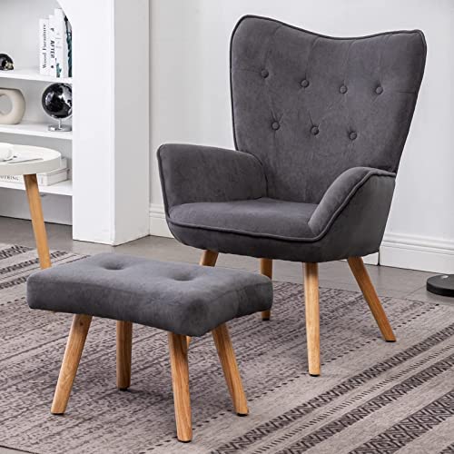 HollyHOME Sessel mit Hocker Sessel Wohnzimmer Relaxsessel, Polsterstuhl Samtstoff Lesesessel Ohrensessel Lounge Sessel, Lesestuhl für Schlafzimmer, Dunkelgrau