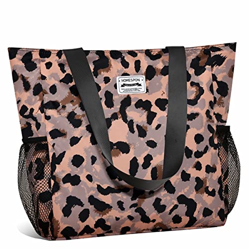 HOMESPON Große Wasserdichte Strandtasche mit Reißverschluss und Taschen für Damen (Leopardenmuster)