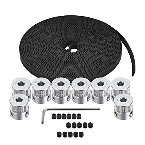 TUZUK GT2 Zahnriemenscheibe, 8 Stück, 5 mm, 20 Zähne, Zahnriemenscheibe und GT2, 5 m, Gummi, 2 mm Abstand, 6 mm breit, Zahnriemen mit Inbusschlüssel für 3D-Drucker CNC-Drucker