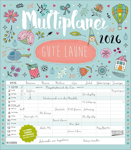 Multiplaner - Gute Laune 2026: Familienplaner, 7 breite Spalten. Großer Familienkalender mit Ferienterminen, extra Spalte, Vorschau bis März 2027 und Datumsschieber. Format: 40x46 cm