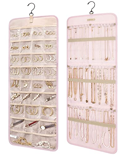 bagsmart Schmuck-Organizer zum Aufhängen, Aufbewahrungsrolle mit Aufhänger, Metallhaken, doppelseitiger Schmuckhalter für Ohrringe, Halsketten, Ringe an Schrank, Wand, Tür, 1 Stück, groß, Rosa