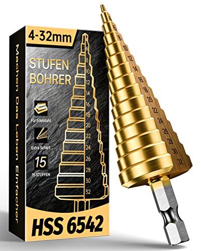 FAHEFANA Stufenbohrer 5-35 mm | HSS 6542 -Profi Kegelbohrer für Metall/Edelstahl/Baustahl/Kunststoff/Holz, 13 Stufen, 6mm Schaft, Titanbeschichtung, Bohren im Großformat (Schälbohrer, lochbohrer)